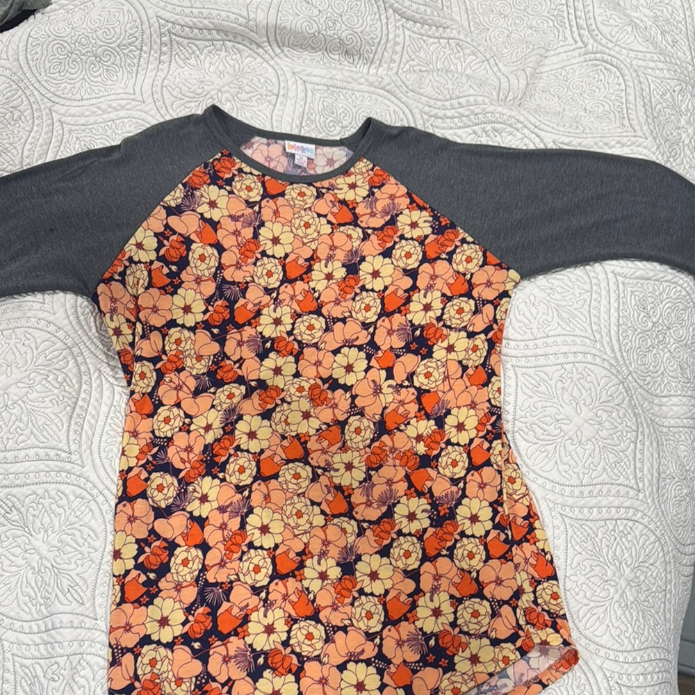 LuLaRoe Orange and Gray Long Sleeve Tee Retro Floral